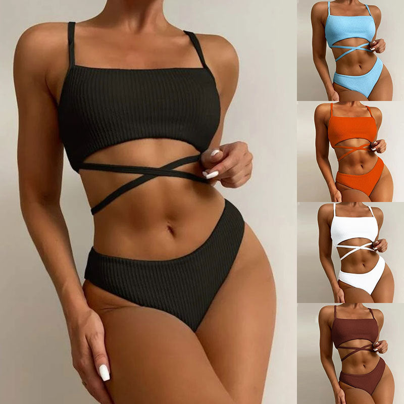 Ladies High-Cut Rib Bikini with Cross Details Mune Fashion