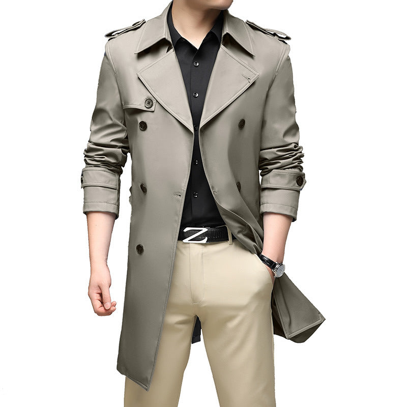 Men's Long Slim-Fit Double-Breasted Trench Coat with Epaulettes and Waist Belt Mune Fashion