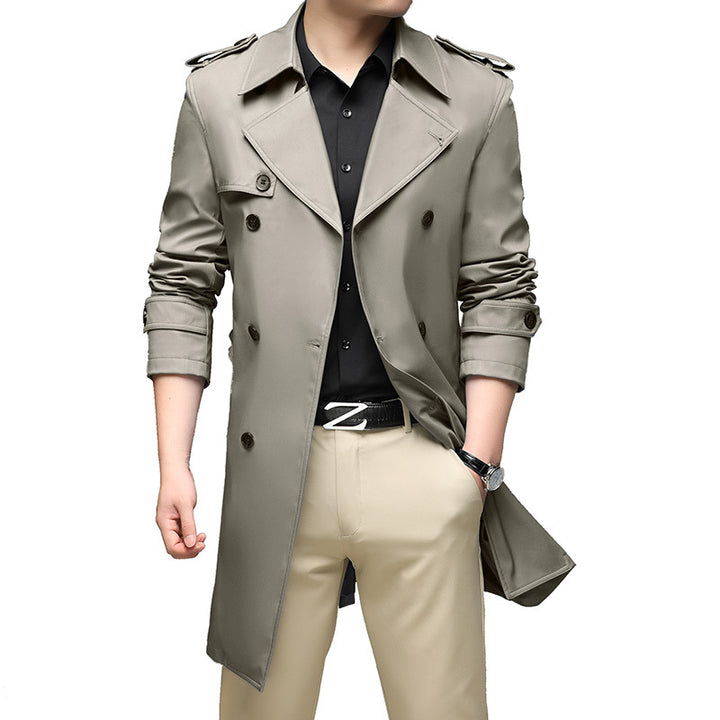 Men's Long Slim-Fit Double-Breasted Trench Coat with Epaulettes and Waist Belt Mune Fashion