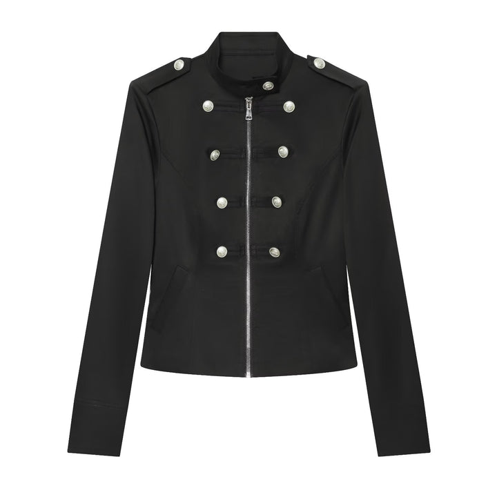Women Military Inspired Short Jacket with Zipper and Decorative Buttons Mune Fashion