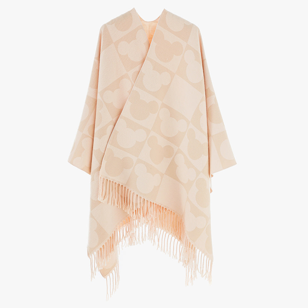Women Oversize Poncho with Fringes and Figurative Jacquard Pattern made of Wool Blend Mune Fashion