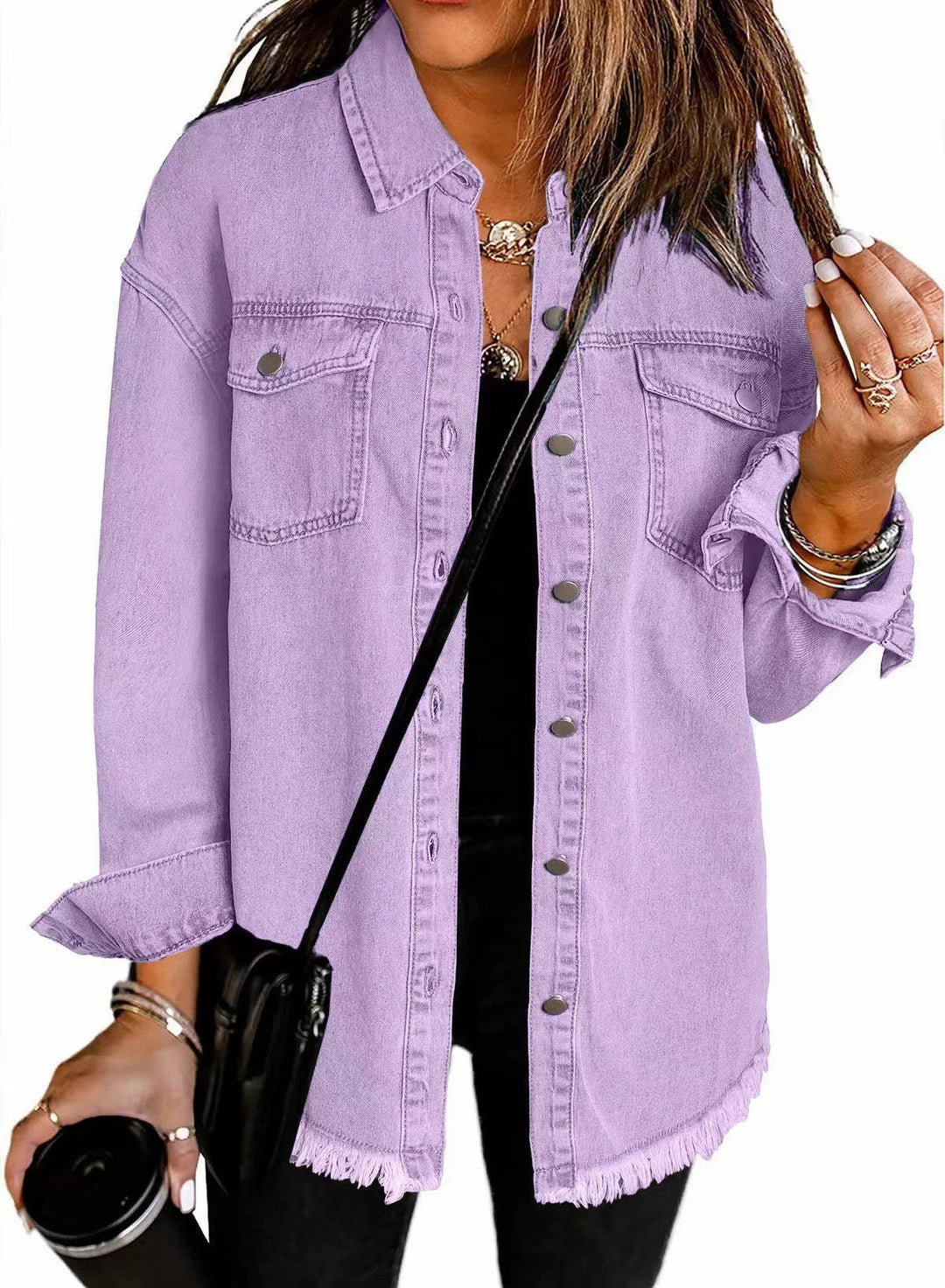 Ladies Denim Overshirt with Fringed Hem and Chest Pockets Mune
