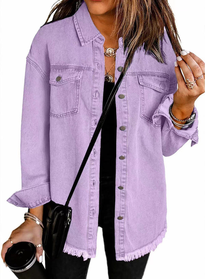 Ladies Denim Overshirt with Fringed Hem and Chest Pockets Mune