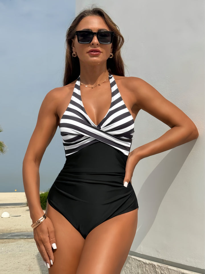 Women One-Piece Swimsuit with Striped Design and Figure-Contouring Elements Mune Fashion