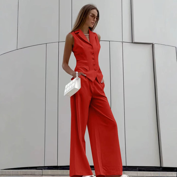 Women Sleeveless Tailoring Two-Piece with Fitted Vest and Wide Marlene Pants Mune Fashion