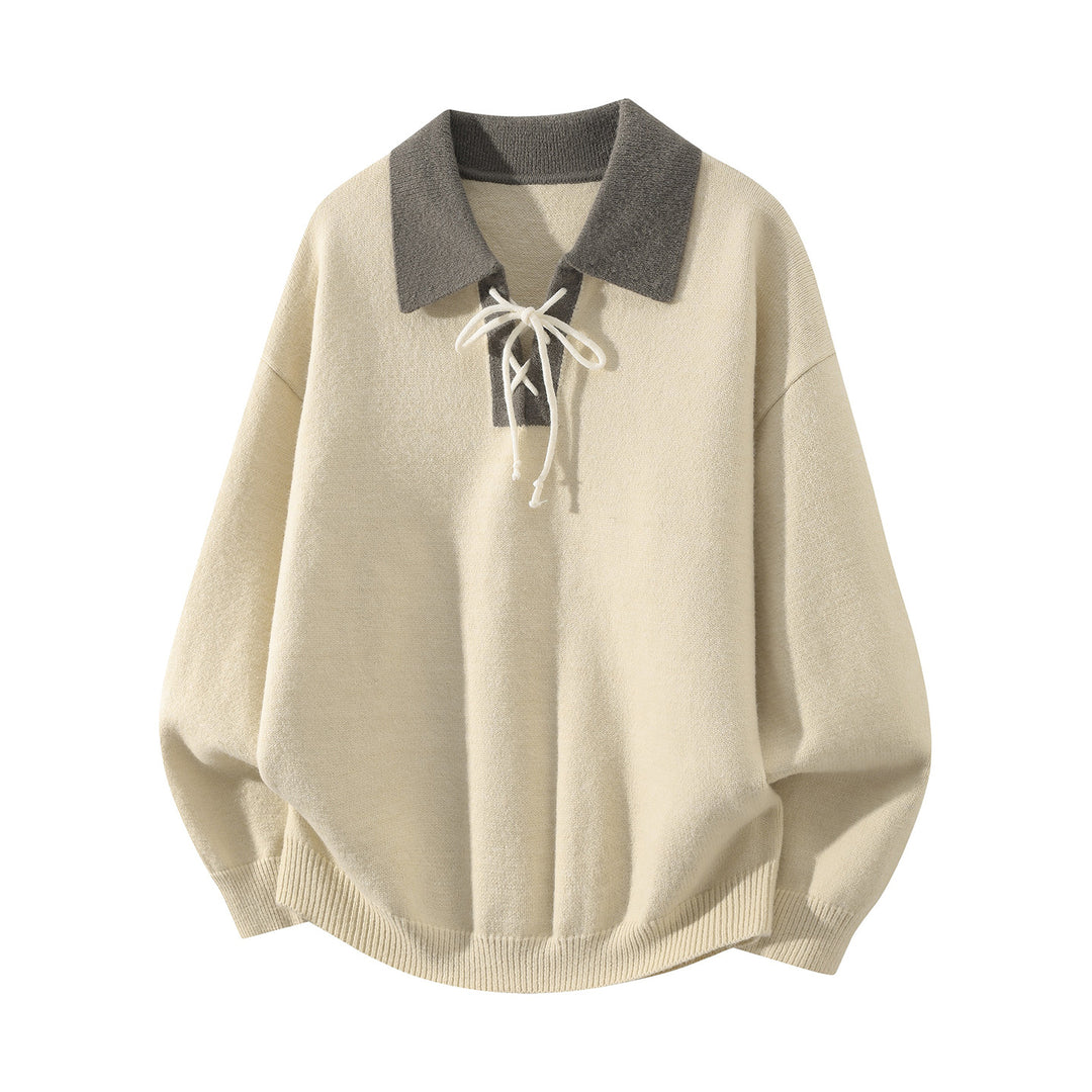 Men's Oversize Knit Sweater with Shirt Collar, Drawstring Neck Closure & Ribbed Finishes Mune Fashion