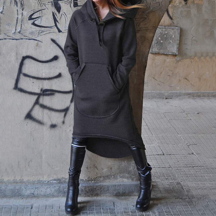 Women nan Oversize Hoodie Dress with high back hem, kangaroo pocket and casual street style cut Mune Fashion