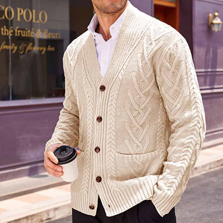 Men's cable knit cardigan with shawl collar and patch pockets Mune Fashion
