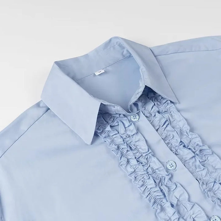 Women's Loose-Fitting Poplin Blouse with Ruffle Trim and Shirt Collar Mune Fashion