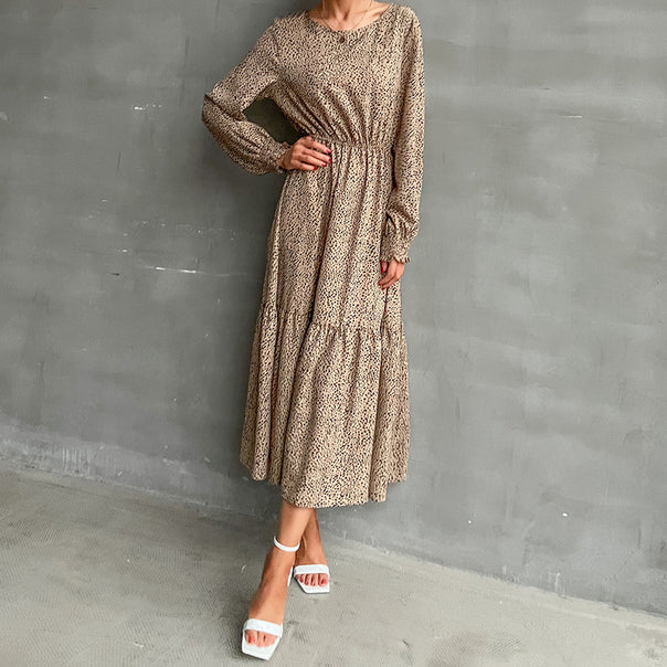 Women's Long Tiered Maxi Dress with Elastic Waist Gathering and Fine Polka Dot Print Mune Fashion