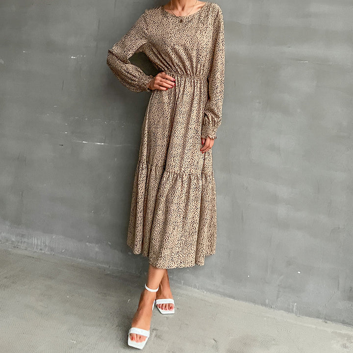 Women's Long Tiered Maxi Dress with Elastic Waist Gathering and Fine Polka Dot Print Mune Fashion