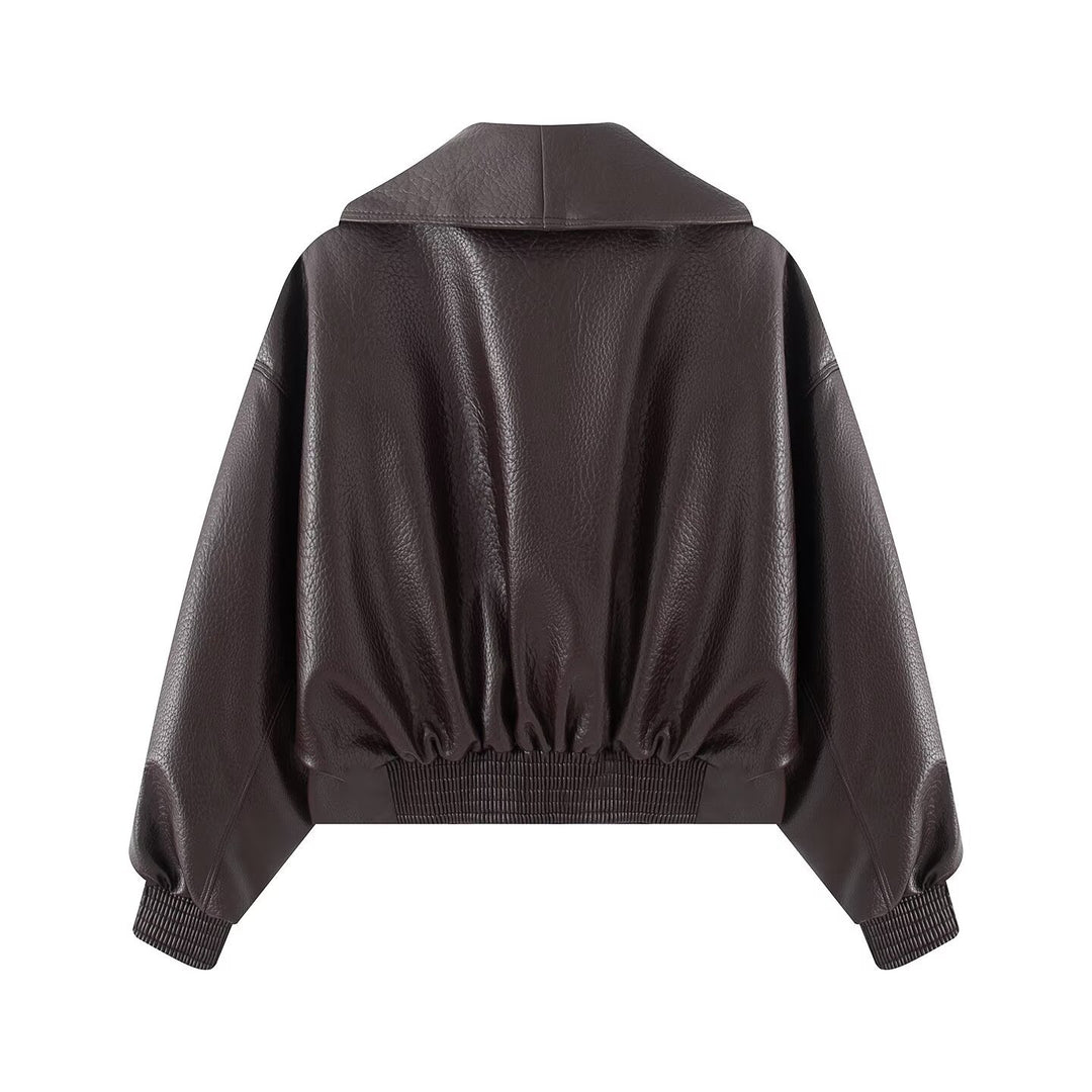 Womens Boxy Cropped Blouson Jacket made of faux leather with overlapping shawl collar and waist belt Drune