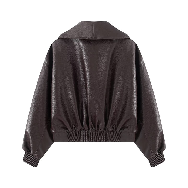 Womens Boxy Cropped Blouson Jacket made of faux leather with overlapping shawl collar and waist belt Drune