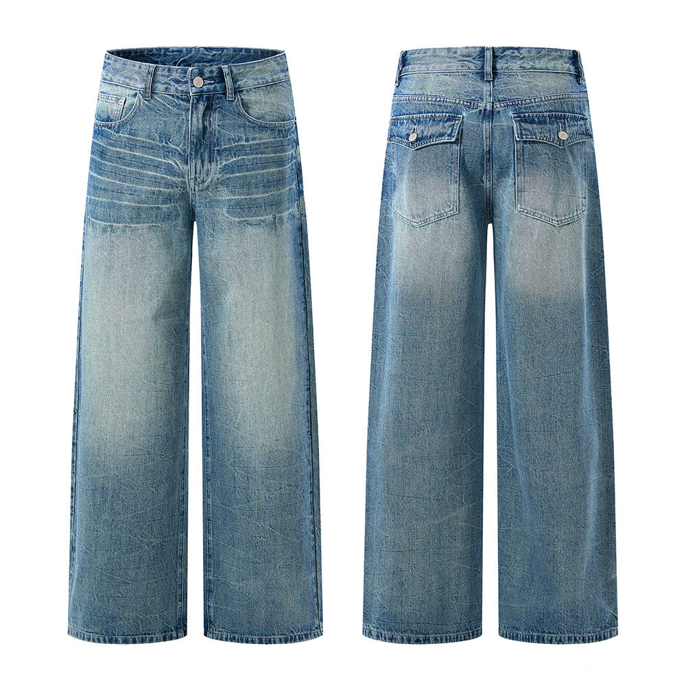 Men's ultra-wide cut denim baggy jeans with striking whisker accents and floor-length hem Mune Fashion