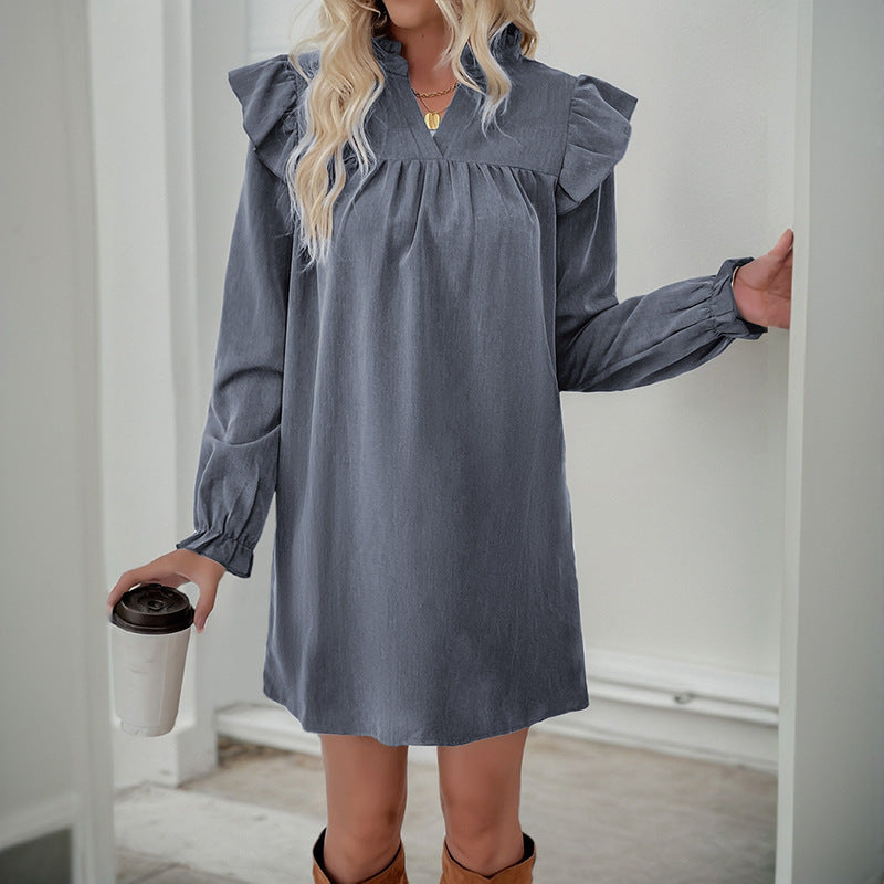 Women's Ruffle Shirt Dress with Gathered Yoke, Stand Collar, and Elastic Cuffs Mune Fashion