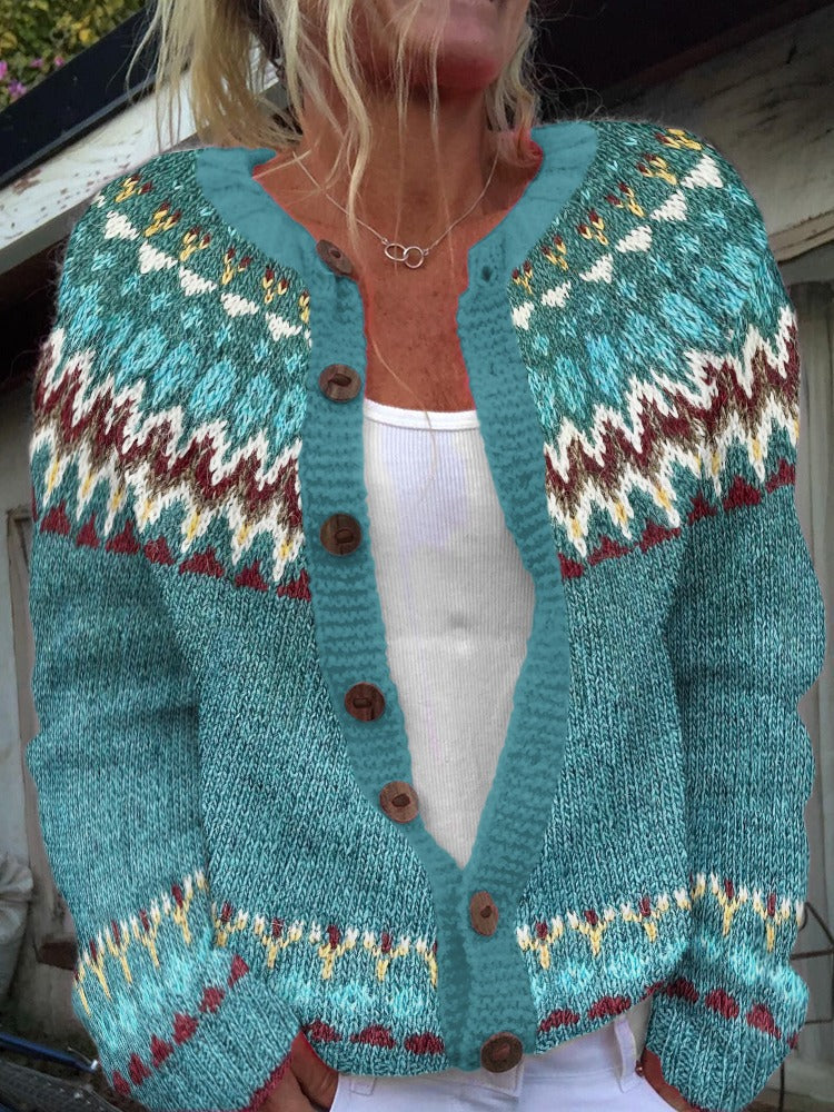 Women's patterned cardigan with round yoke, wooden buttons, and welt pockets Mune Fashion