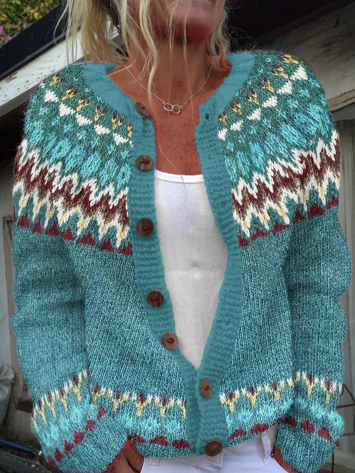 Women's patterned cardigan with round yoke, wooden buttons, and welt pockets Mune Fashion