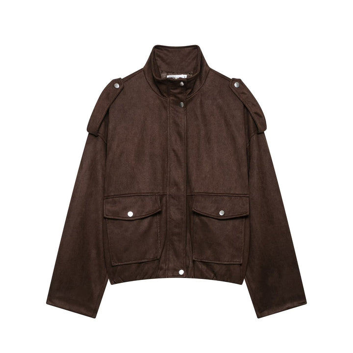 Women's Cropped Field Jacket in Suede Look with Stand-Up Collar, Shoulder Epaulettes, and Large Flap Pockets Mune Fashion