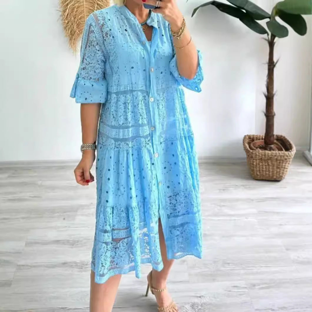Women's shirt blouse midi dress with lace inserts, tiered skirt and full button placket Mune Fashion