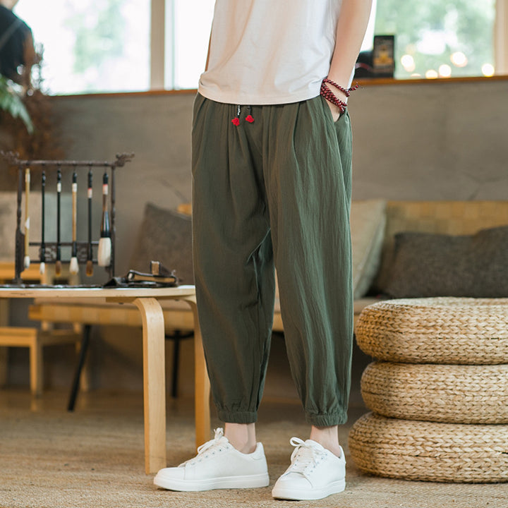Men's loose harem pants with elastic waistband and decorative drawstring Mune Fashion
