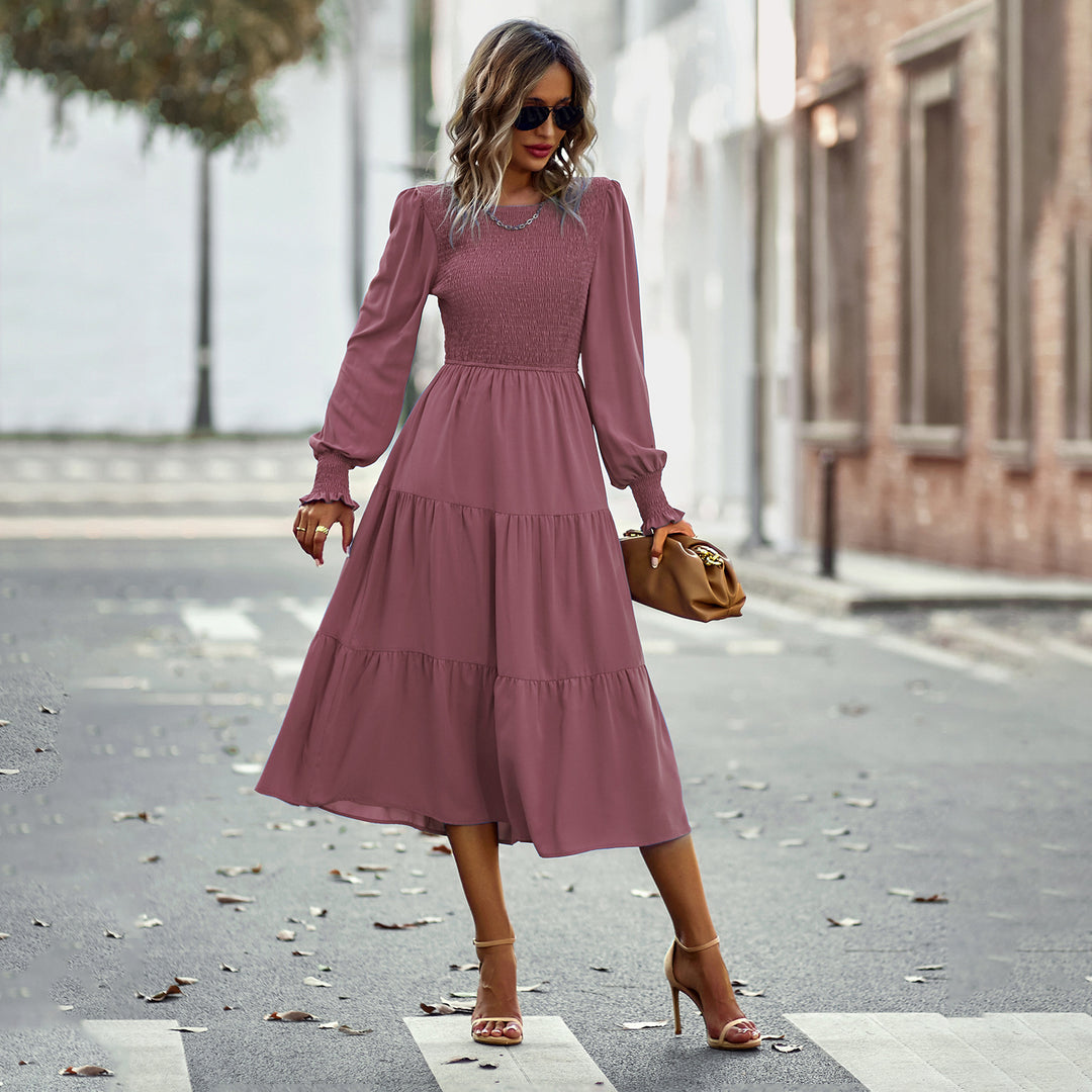 Ladies' gathered midi dress with smocked top, balloon-shaped sleeves, and tiered ruffle skirt Mune Fashion
