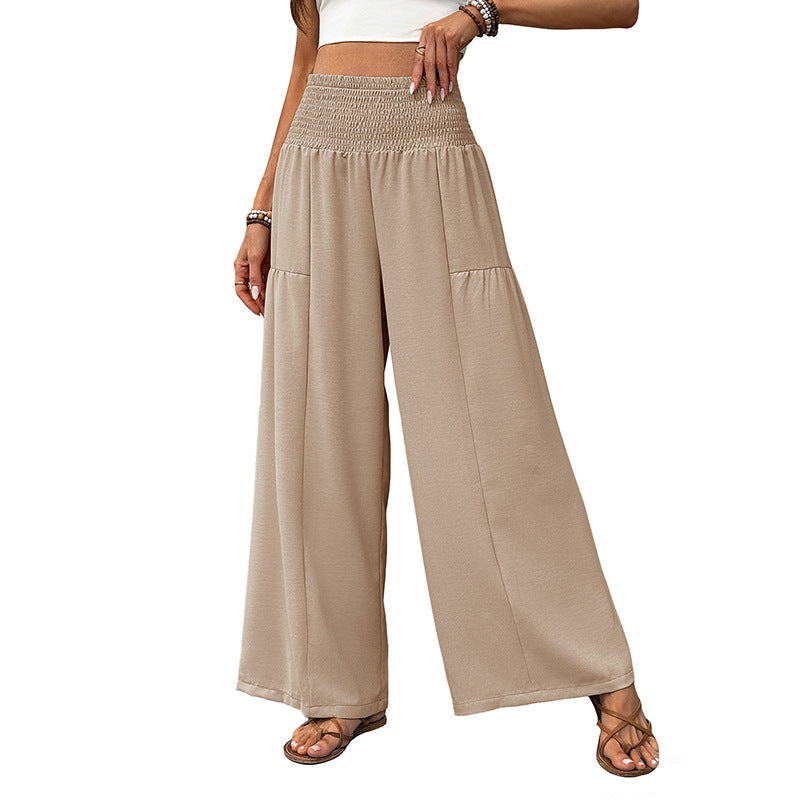 Women's lightweight culotte pants with elastic smocking waistband, wide leg and flowing summer jersey fabric.
