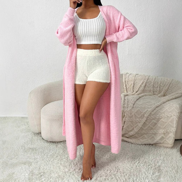 Women's Long Wrap Cardigan in Fuzzy Look with Tie Belt Mune Fashion