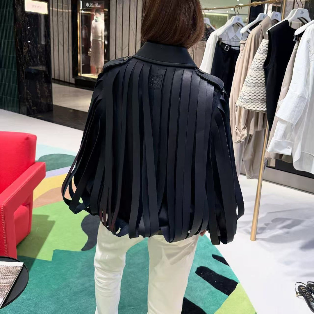 Ladies Faux Leather Fringe Blouson with Stand-up Collar and Waist Belt Mune Fashion