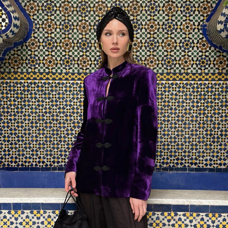 Women’s velvet jacket with Mandarin collar and decorative knot fastenings Mune Fashion