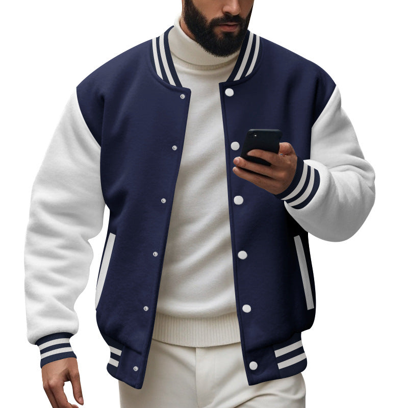 Men's College Baseball Jacket in Varsity Style with Ribbed Cuffs and Snap Button Placket Mune Fashion