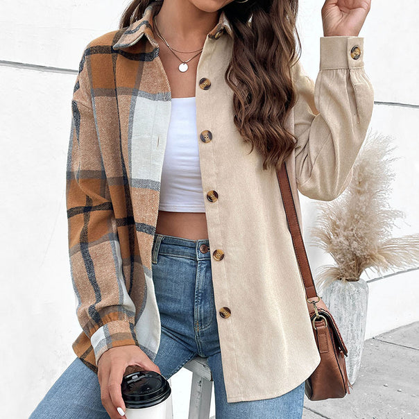 Women’s Oversized Shirt Jacket with Split Check and Solid Look and Button Placket Mune Fashion