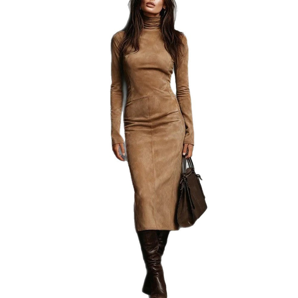 Women's Fitted Midi Dress in Velvet Look with Roll Neck and Tailored Silhouette Mune Fashion
