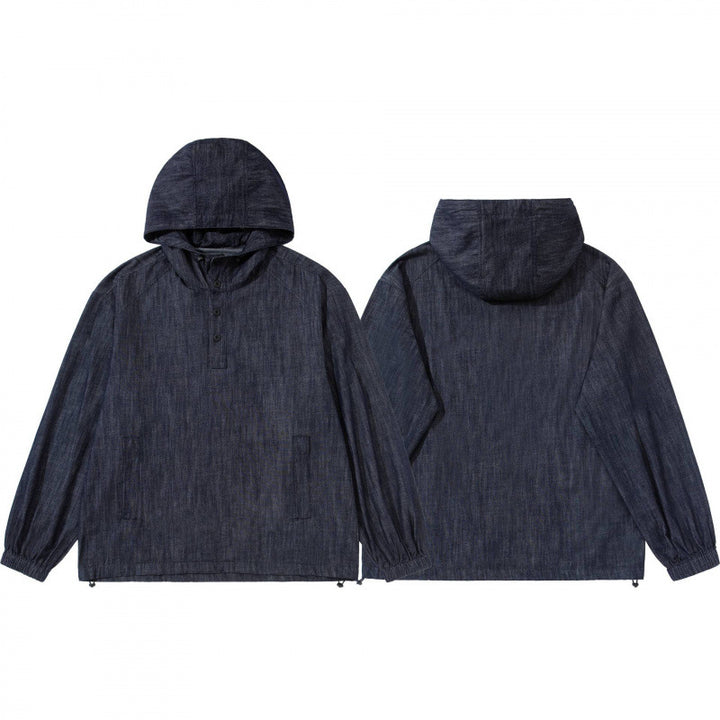 Unisex Denim-Blend Hooded Pullover in Overshirt Style with Henley Button Placket Mune Fashion