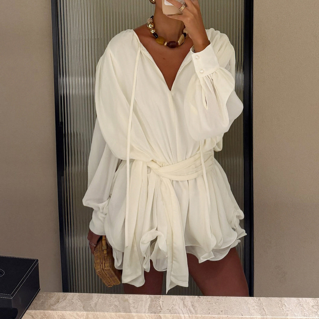 Women's Romantic Ruffle Blouse with Waist Belt and Balloon Sleeves Mune Fashion