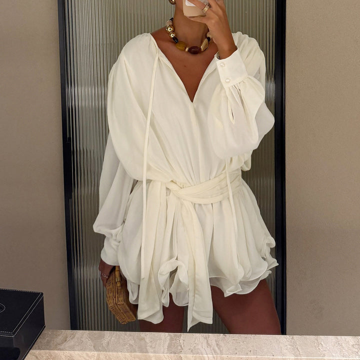 Women's Romantic Ruffle Blouse with Waist Belt and Balloon Sleeves Mune Fashion