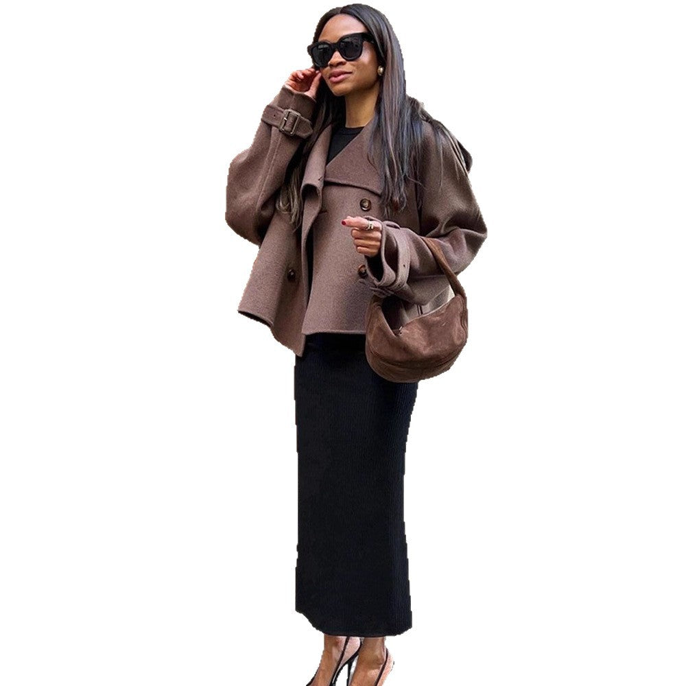 Women's Short Double-Breasted Wool Blend Peacoat with Dropped Shoulders and Epaulettes Mune Fashion
