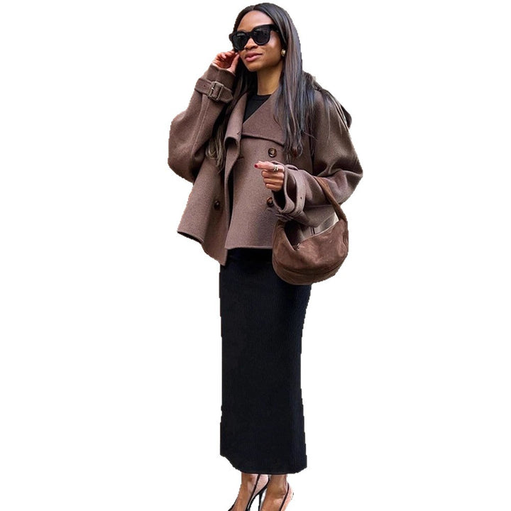 Women's Short Double-Breasted Wool Blend Peacoat with Dropped Shoulders and Epaulettes Mune Fashion