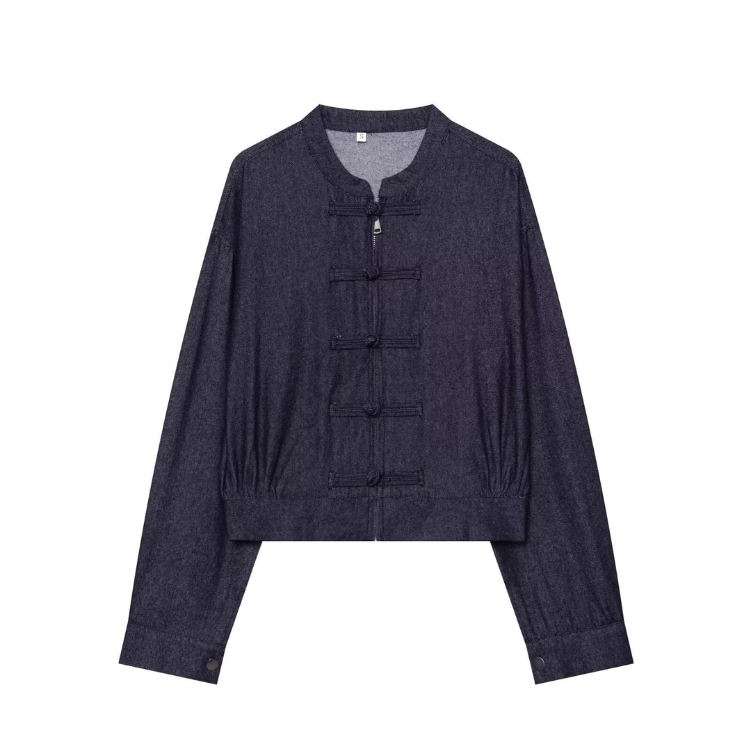 Women's Short Blouson in China Style with Stand-up Collar and Decorative Knot Drune