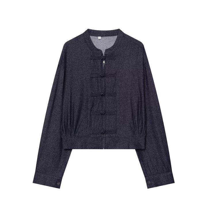 Women's Short Blouson in China Style with Stand-up Collar and Decorative Knot Drune
