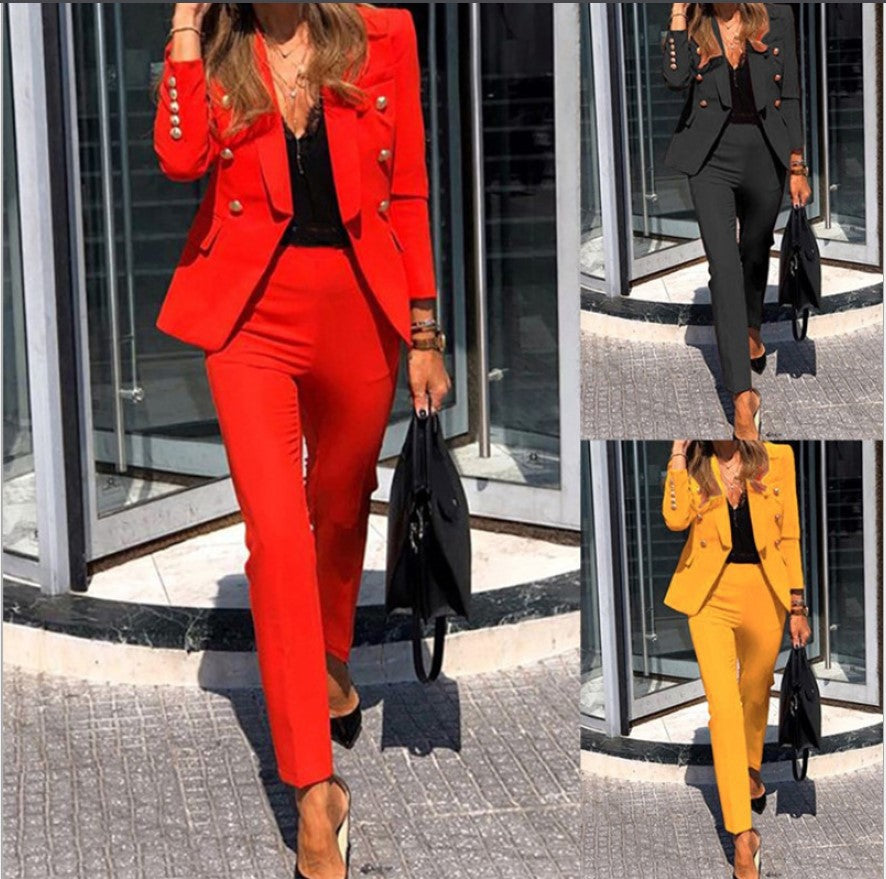 Women's tailored pantsuit with double-breasted button blazer and slim trousers Mune Fashion