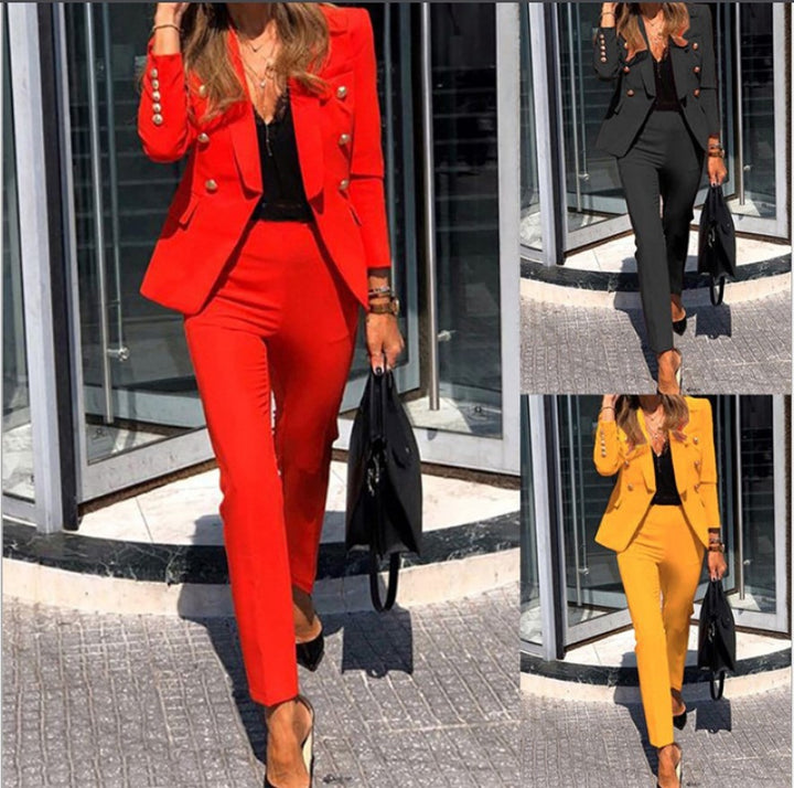 Women's tailored pantsuit with double-breasted button blazer and slim trousers Mune Fashion