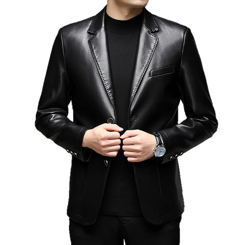 Men's Elegant Faux Leather Blazer in Tailored Fit with Lapel Collar and Flap Pockets Mune Fashion