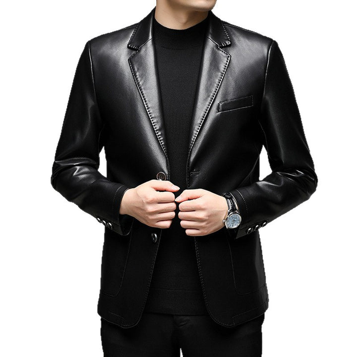 Men's Elegant Faux Leather Blazer in Tailored Fit with Lapel Collar and Flap Pockets Mune Fashion
