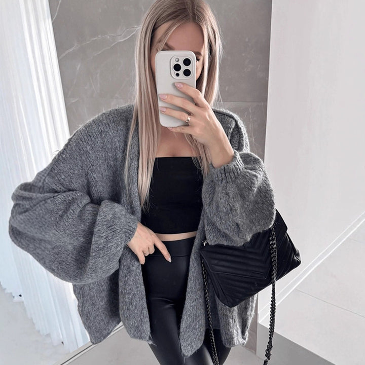 Women's Oversize Knit Cardigan with Voluminous Balloon Sleeves and Teddy-like Texture Mune Fashion