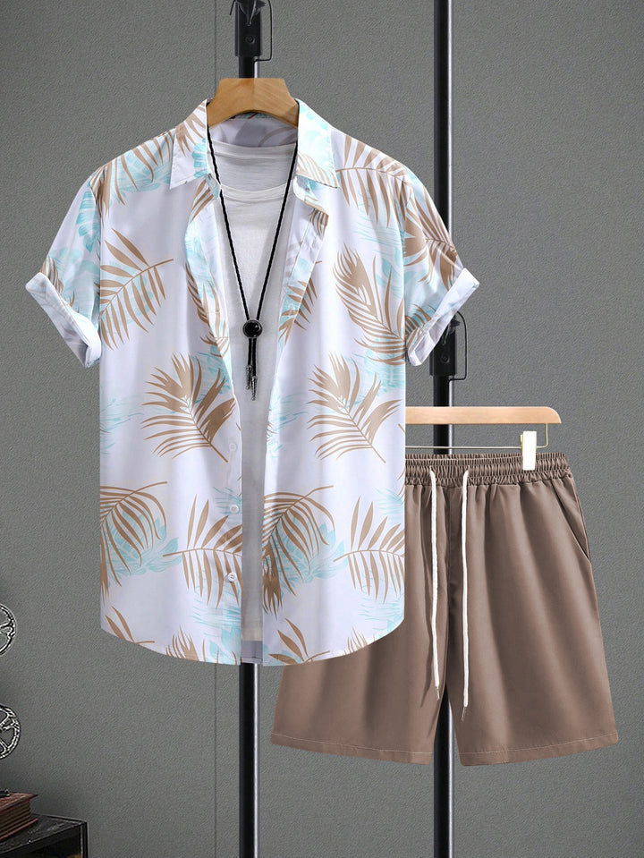 Men's vacation set with short-sleeved lapel shirt in palm print and elastic drawstring bermuda Mune Fashion