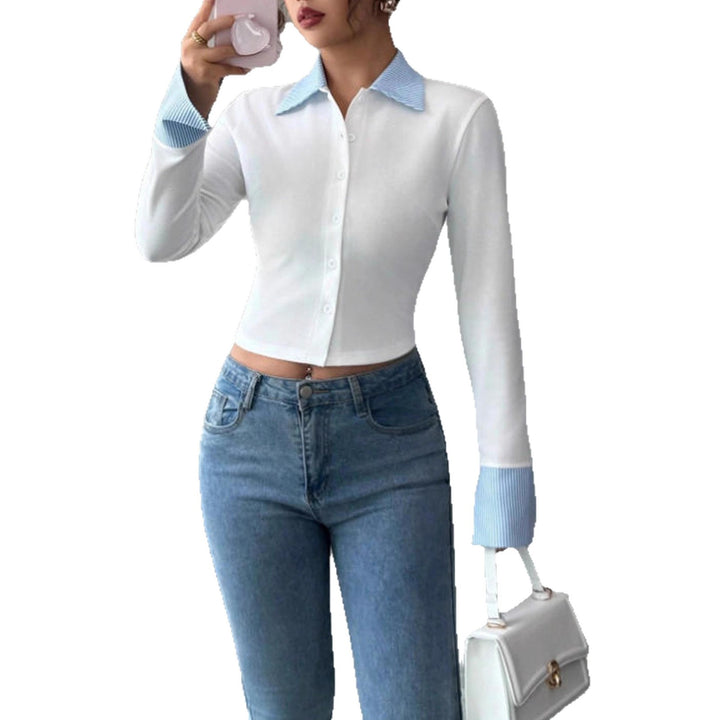 Women's Short-Cut Fine Knit Shirt Jacket with Contrast Collar and Cuff Turn-ups Mune Fashion