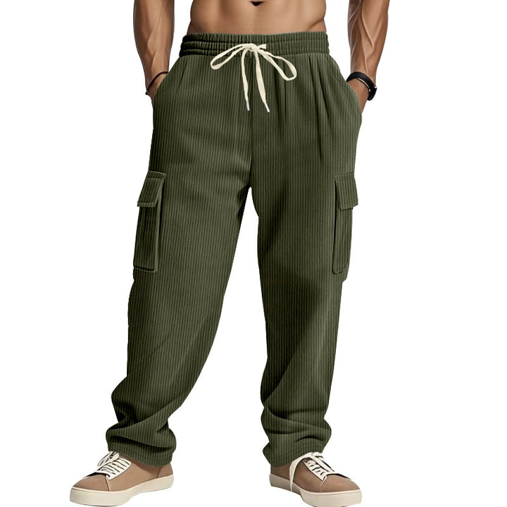Men's corduroy cargo pants with wide leg, drawstring waistband, and patch cargo pockets