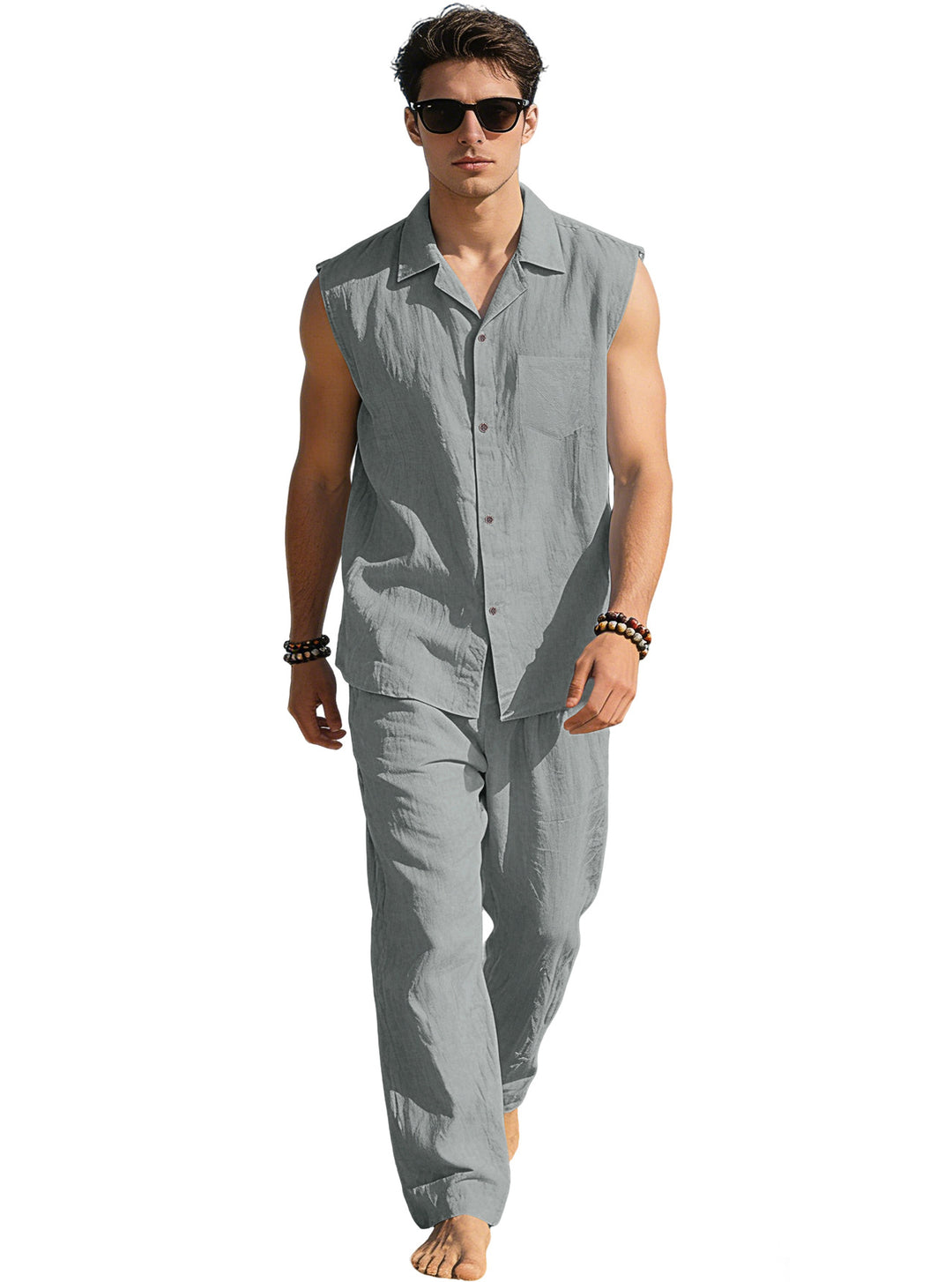 Men's sleeveless linen leisure set with lapel collar, chest pocket, and straight pants Mune Fashion