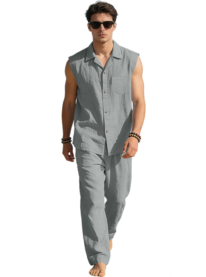 Men's sleeveless linen leisure set with lapel collar, chest pocket, and straight pants Mune Fashion