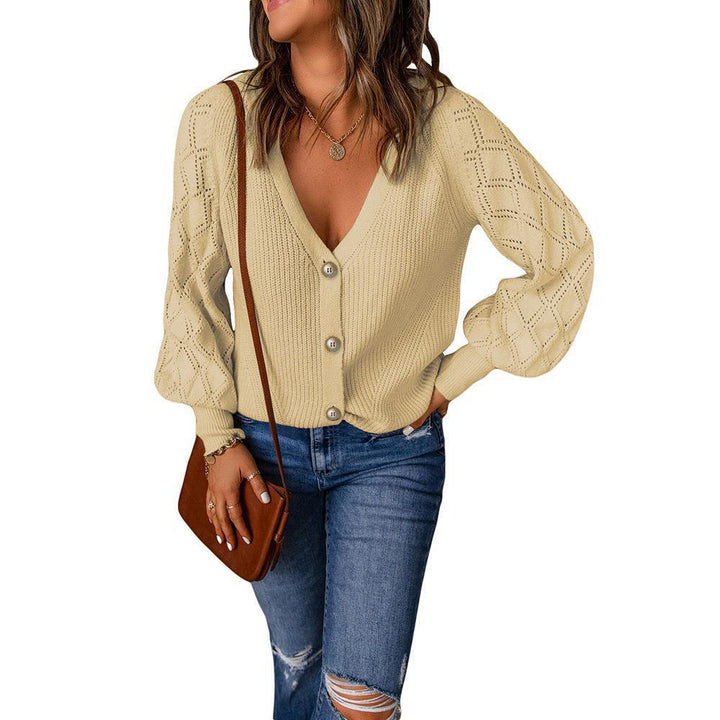 Women's knitted cardigan with V-neck, decorative button placket and balloon sleeves Mune Fashion